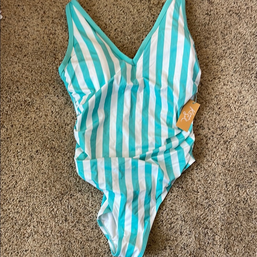 Turquoise One Piece Swimsuit with Vertical Stripes and Plunging V-neckline 16W